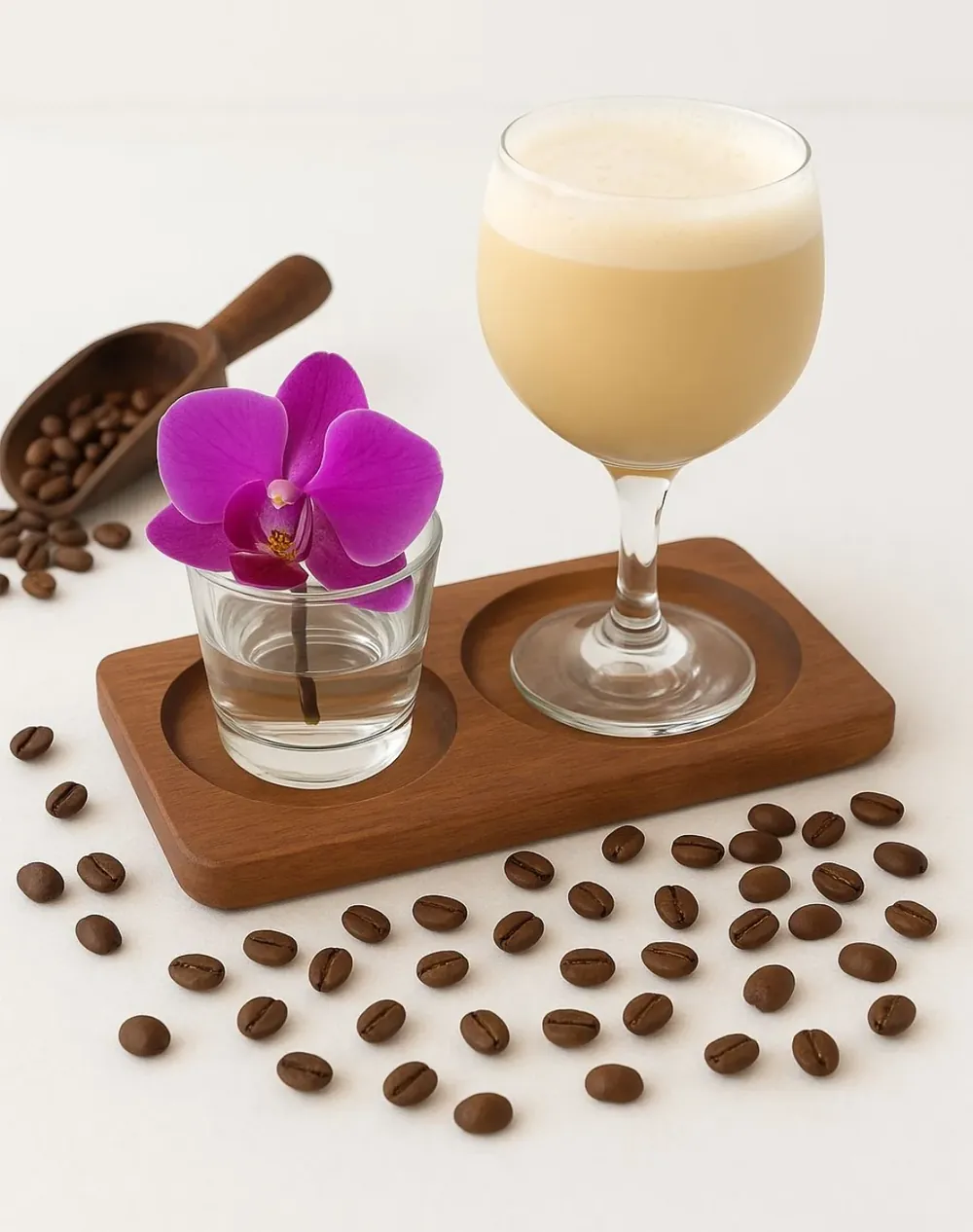 Café gelado servido em taça, com grãos de café ao lado